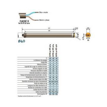 Moteur 230V/50Hz classe II LS40 ARIES 4/14 COURT + Câble 25m somfyREMPACE PAR SY1021371